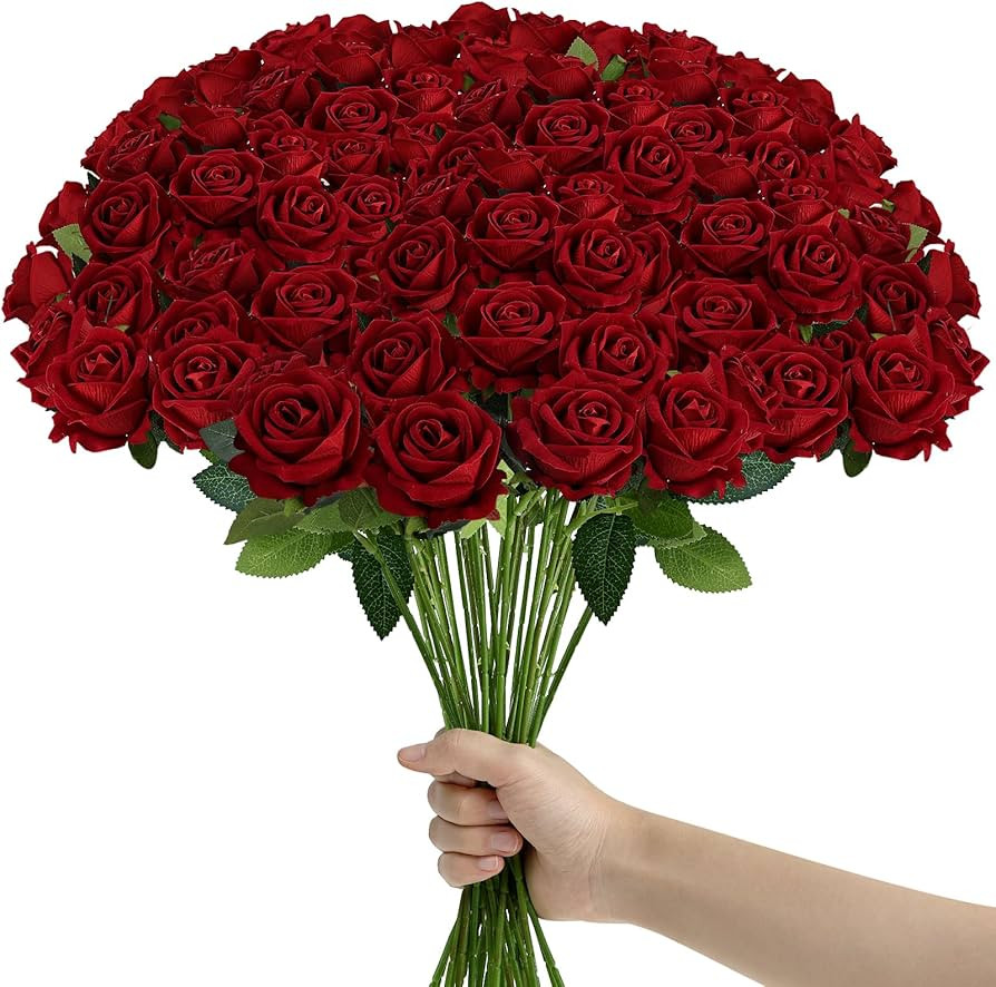 45 Pcs Red Roses Artificial Flowers with Long Stems - Fake Velvet Rose Bulk Realistic for DIY Wed... | Amazon (US)