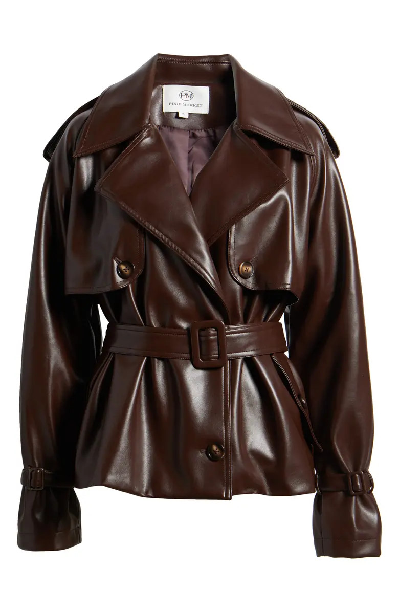 Pixie Market Tie Waist Faux Leather Trench Coat | Nordstrom | Nordstrom