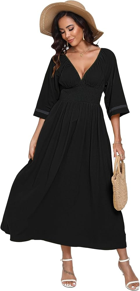 Women's Summer Maxi Dress with Pocket, V-Neck Exaggerated Sleeve Smocked Bodice | Amazon (US)