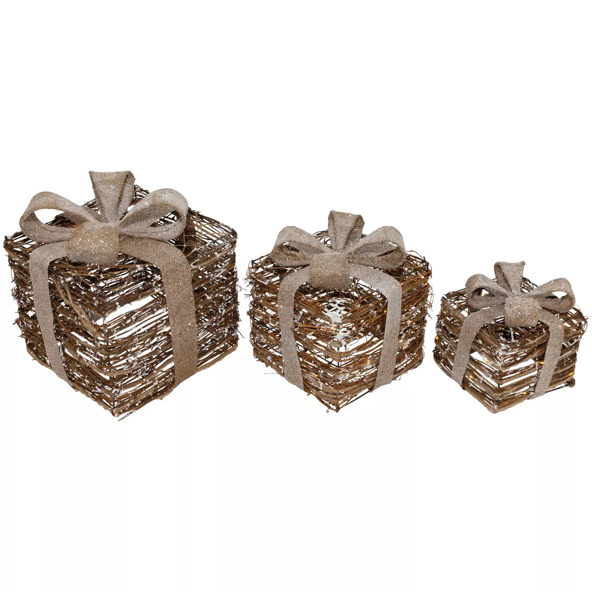 Northlight Lighted Rattan Gift Boxes with Burlap Bows Christmas Decorations - 9" - Set of 3 | Target