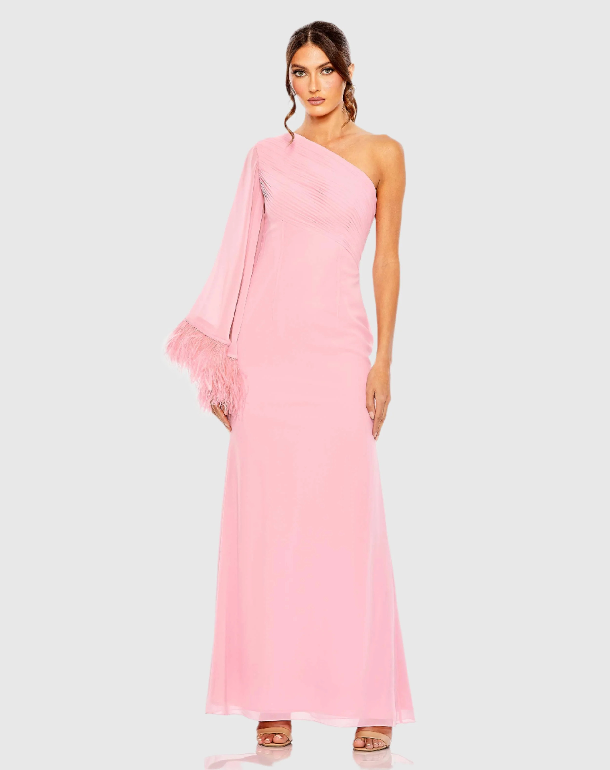 Pink Feather Cuff One Shoulder Ruched Gown - Mac Duggal | Mac Duggal