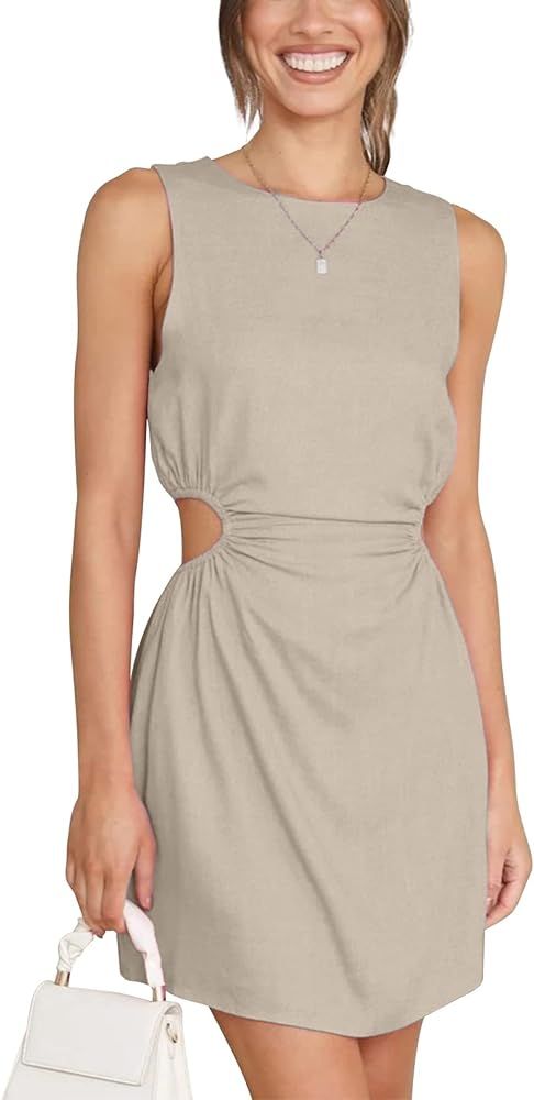 PEHMEA Womens Cut Out Waist Dress Sleeveless Short Dress Hollow Out Casual Summer Mini Dress | Amazon (US)