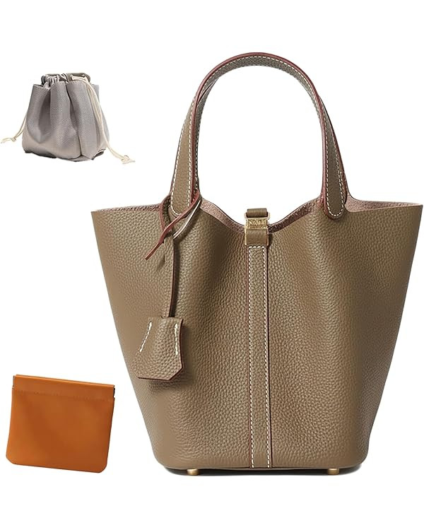 Genuine Leather Lock Design Bucket Bag Vegetable Basket, Fashionable and Versatile Satchel Handba... | Amazon (US)