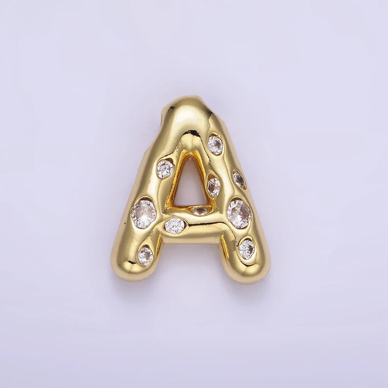 Gold Pave Balloon Pendant Cubic Zirconia Initial Necklace Charm Bubble Letter for DIY CZ Alphabet... | Etsy (US)
