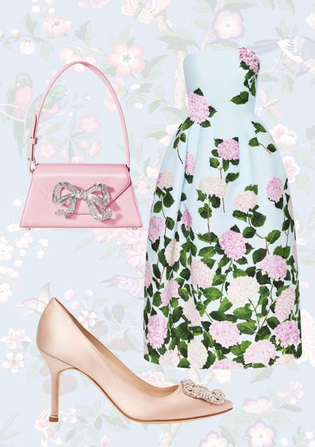 Oscar de la renta hydrangea dress styled with a pink handbag and blush Manolo Blahnik Hangisi

#LTKstyletip #LTKshoecrush