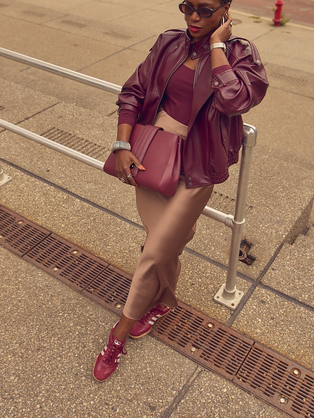 This burgundy bomber jacket is everything! Pair it with a matching bodysuit and sneakers for an effortless and cordinated casual Fall look 🍂🍁 Exact bag available at mytomoli.com, Fall 2025, casual outfit ideas, burgundy, merlot, wine, Adidas Samba, burgundy leather bag, Abercrombie, Saks fashion finds

#LTKOver40 #LTKStyleTip #LTKMidsize