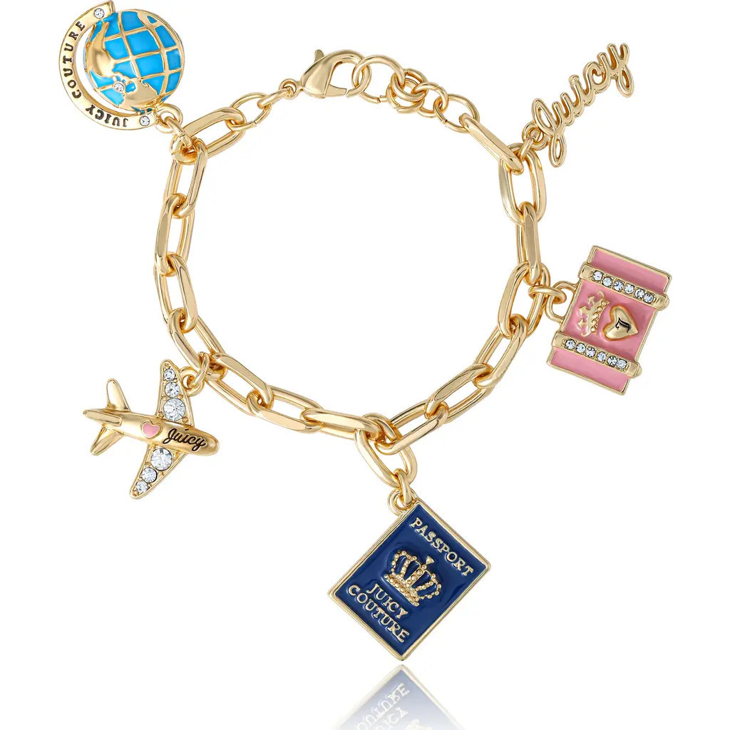 Juicy Couture Travel Icons Charm Bracelet, Gold-Tone with Blue & Pink Enamel in Gold Tone at Nordstrom, Size 7.5 | Nordstrom