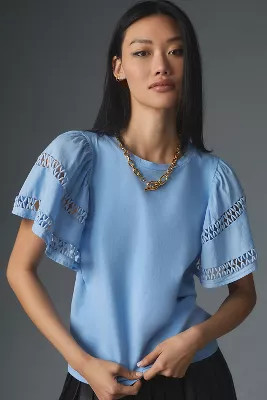 Self Contrast Flutter-Sleeve Cutwork Top | Anthropologie (US)