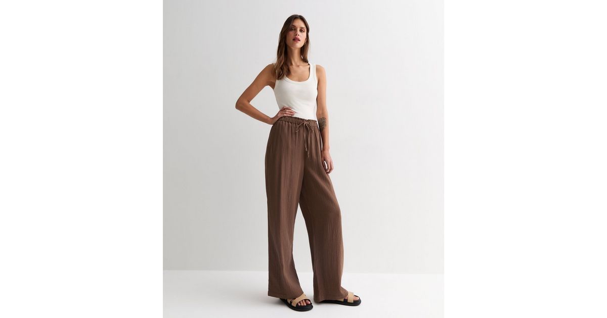 Dark Brown Cotton Double Cloth Wide Leg Trousers | New Look | New Look (UK)