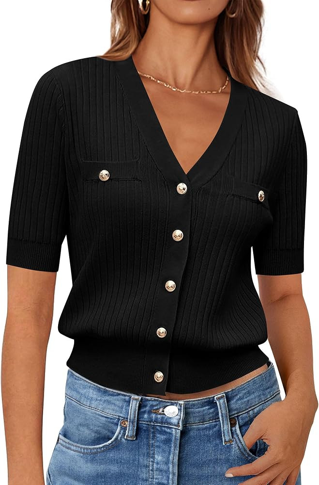 Zenlonr Women's 2025 Summer Button Down Shirts Casual Short Sleeve Cardigan V Neck Ribbed Knit Bu... | Amazon (US)