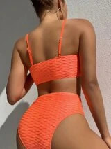 Neon Orange Textured High Waisted Bikini Swimsuit | SHEIN