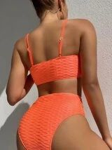 Neon Orange Textured High Waisted Bikini Swimsuit | SHEIN