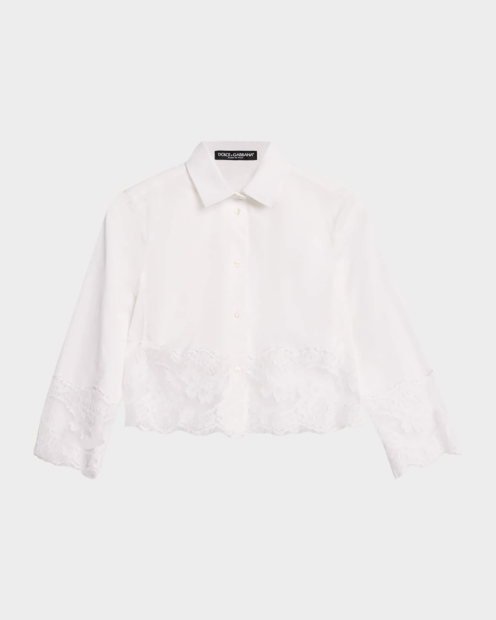 Cropped Button-Front Blouse w/ Lace Trim | Neiman Marcus