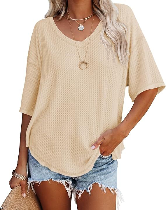 Yanekop Womens Oversized Waffle Knit Pullover V Neck Half Sleeve Sweater Loose Fit Top | Amazon (US)