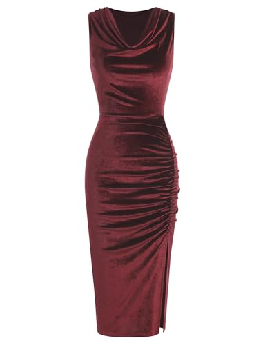ZAFUL Women Dress for Wedding Guest Sleeveless Cowl Neck Velvet Dress Ruched Bodycon Midi Slit Cocktail Party Dresses(Wine,XL) | Amazon (US)