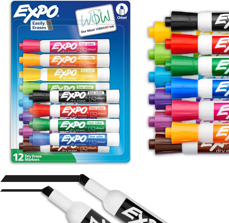 EXPO Dry Erase Markers, Low Odor Ink, Assorted Colors, Chisel Tip, 12 Count | Amazon (US)