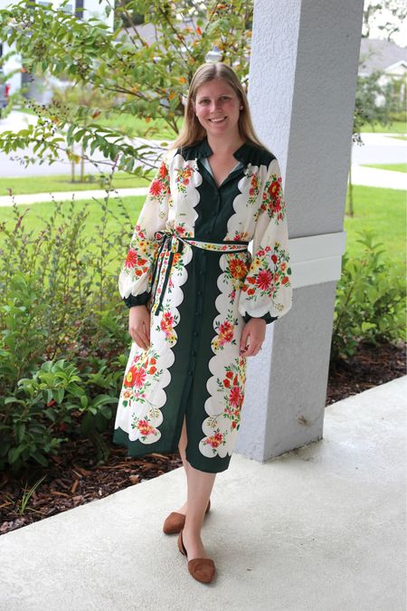An easy dress for fall. Green and orange floral scalloped dress with balloon sleeves  

#LTKSeasonal #LTKfindsunder50