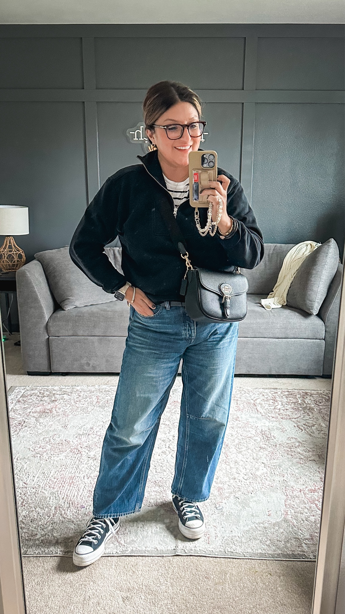 Old Everlane quarter zip sweatshirt (M)- linked similar bc it’s sold out, old Old Navy striped tee (L)- linked similar bc it’s sold out, Madewell barrel leg jeans (30), J. Crew belt (L), Converse sneakers, Coach bag 

#LTKOver40 #LTKStyleTip #LTKMidsize