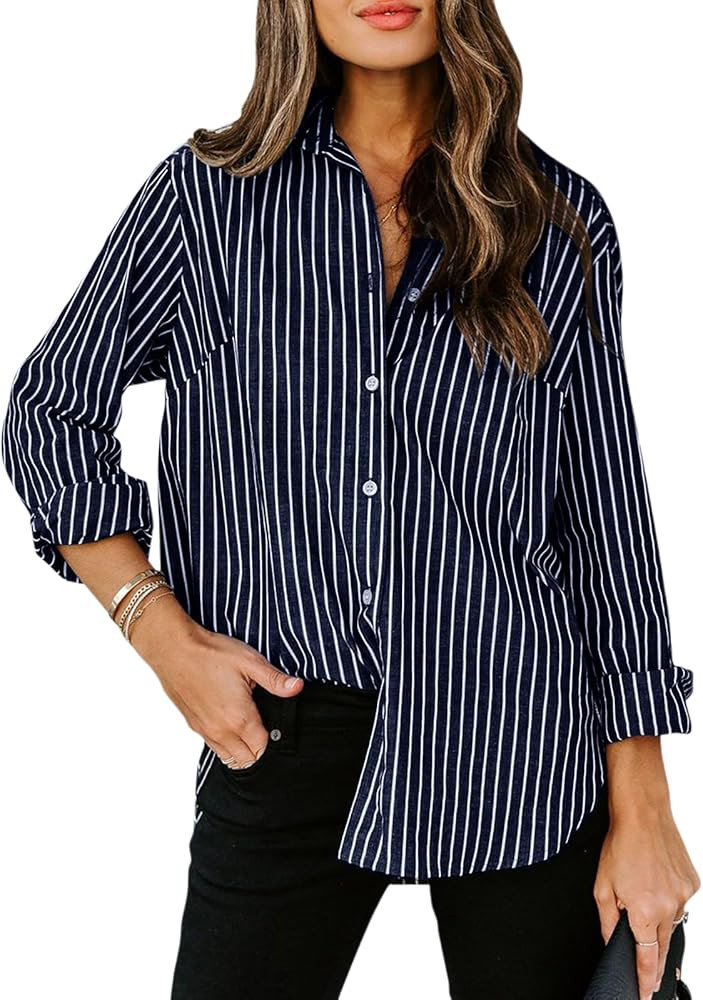 siliteelon Womens Button Down Shirts Cotton Striped Dress Shirt Long Sleeve Collared Office Work ... | Amazon (CA)