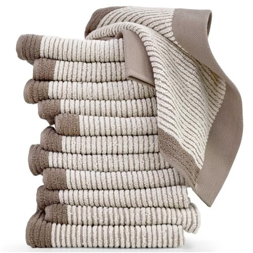 Cleanbear Wash Cloths 12 Pack, Jacquard Weaved Cotton Washcloth for Body and Face, 13.5 by 13 Inches Soft Face Towels for Sensitive Skin (Light-Brown) | Amazon (US)