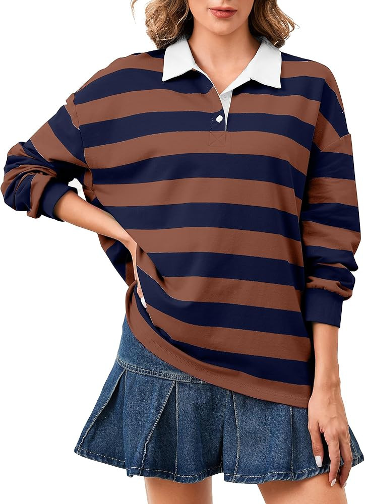 Women's Oversized Striped Polo Sweatshirt Long Sleeve Rugby Collared Pullover Tops Loose Fit Shir... | Amazon (US)
