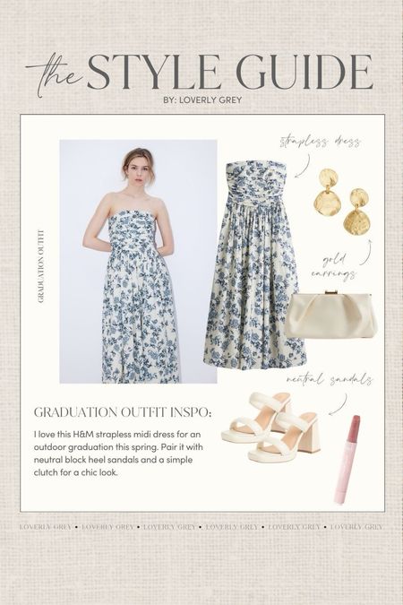 Loverly Grey graduation outfit idea. This floral strapless dress and gold earrings pair perfectly with these neutral heels and clutch for a elevated spring look. 

#LTKSeasonal #LTKstyletip #LTKbeauty