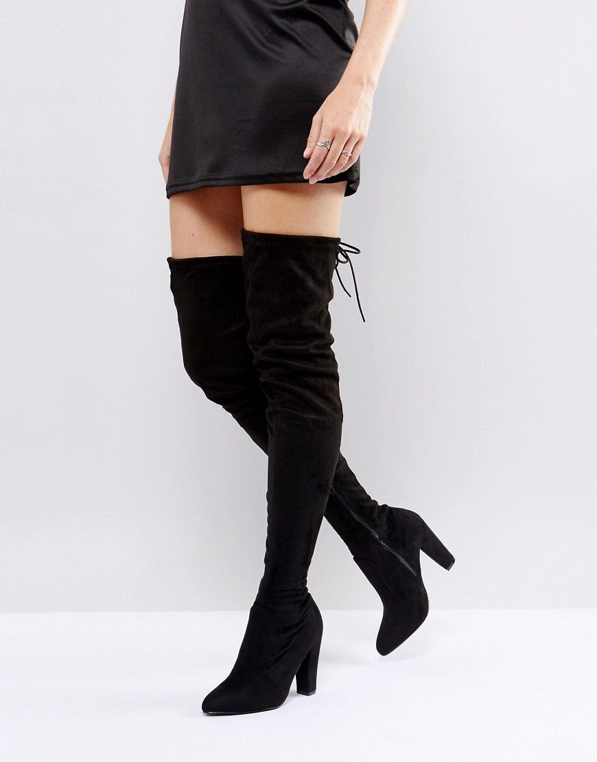 Public Desire Olivia Tie Back Heeled Thigh High Boots - Black | ASOS US