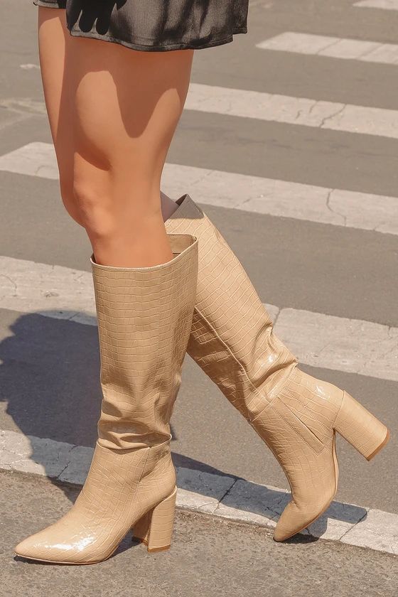 Katari Light Nude Croc Pointed-Toe Knee High Boots | Lulus (US)