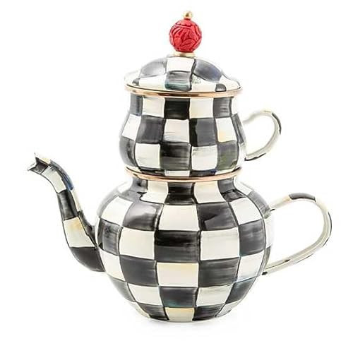 MACKENZIE-CHILDS Enamel High-Tea Teapot, Cup, and Lid, Cute Teapot and Teacup Combo, Black-and-White Courtly Check | Amazon (US)