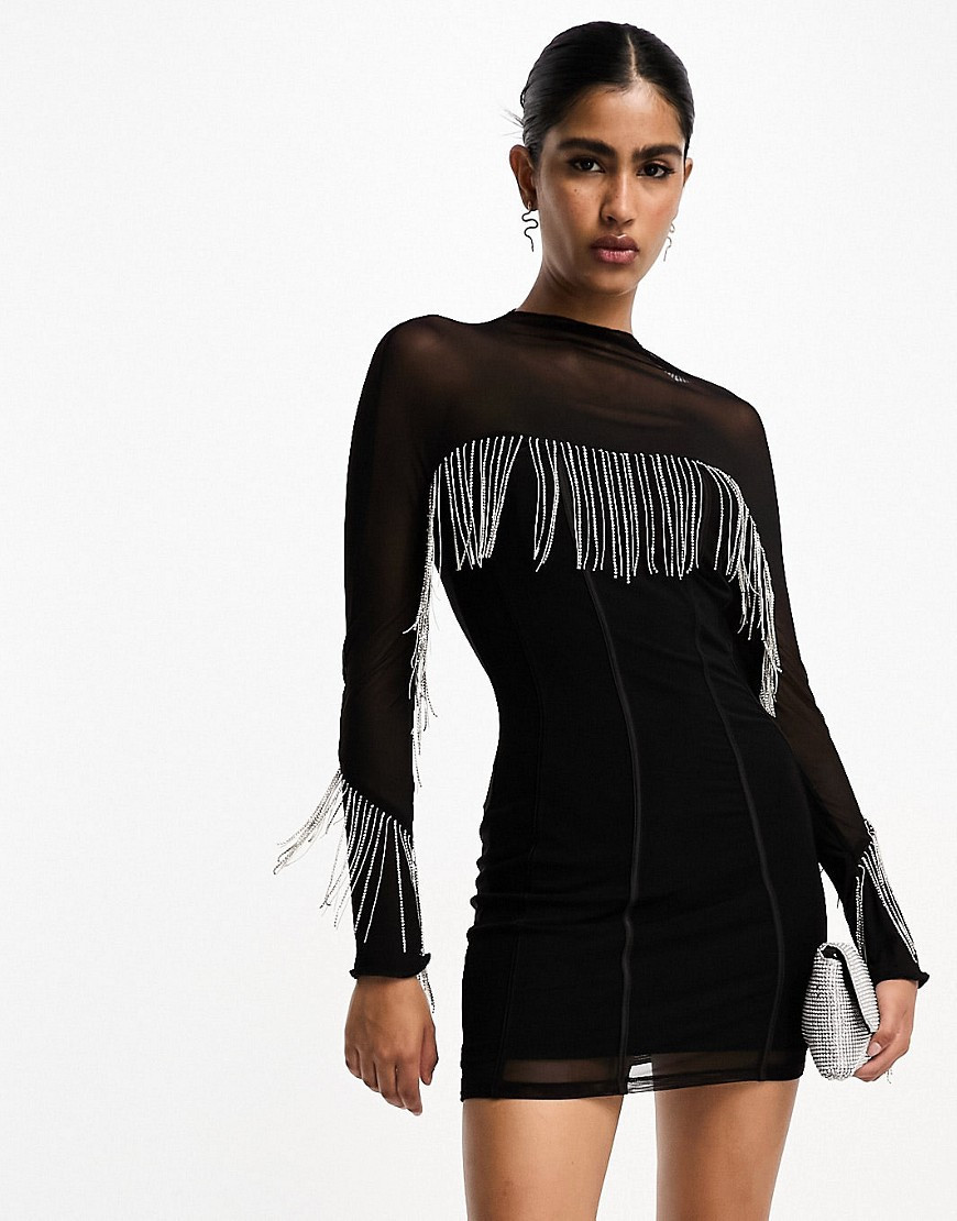 ASOS DESIGN diamante fringe mesh mini dress in black | ASOS (Global)