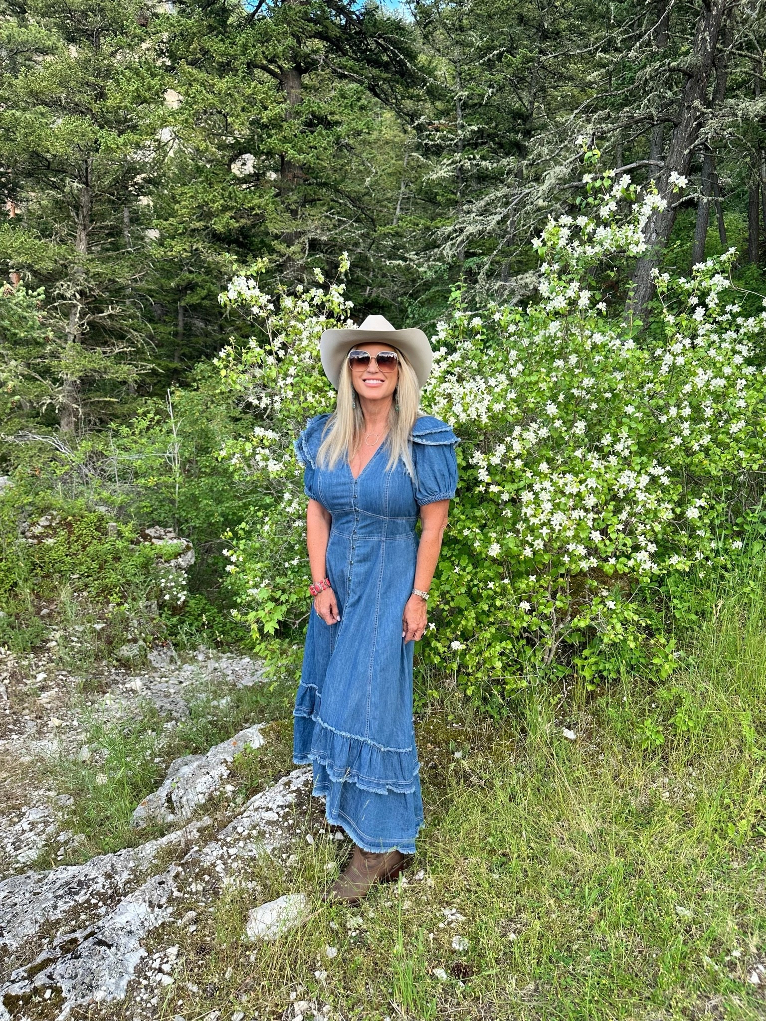 Anthropologie Denim Dress 
Tecovas Annie Boots
Dress is sold out but linked one similar

#LTKMidsize #LTKOver40