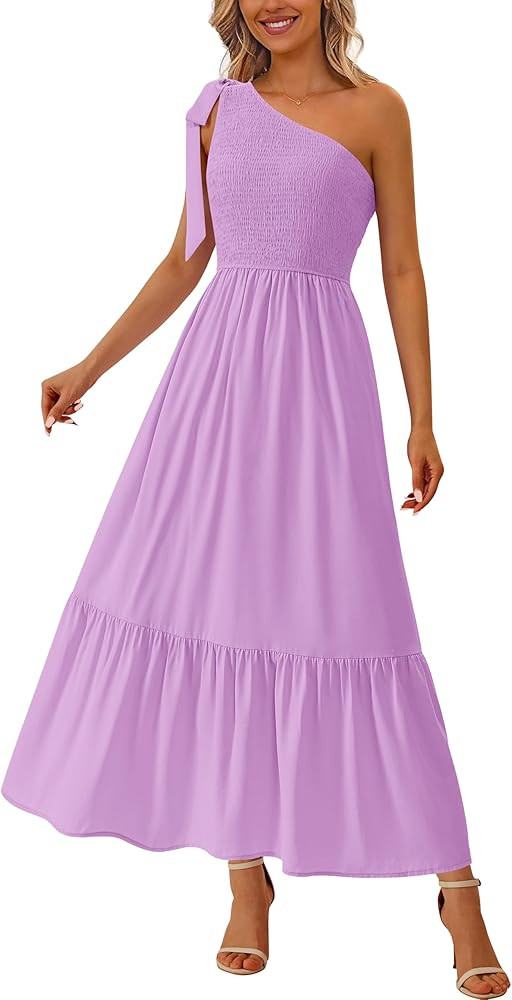 PRETTYGARDEN Womens One Shoulder Summer Maxi Dress Smocked Flowy Boho Beach Long Sundress Sleevel... | Amazon (US)