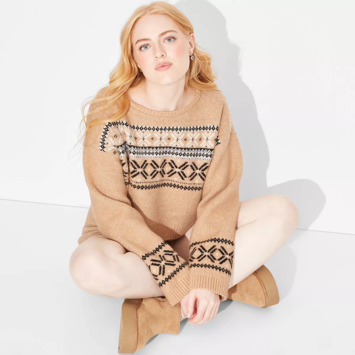 Women's Crewneck Cropped Pullover Holiday Sweater - Wild Fable™ Tan S | Target