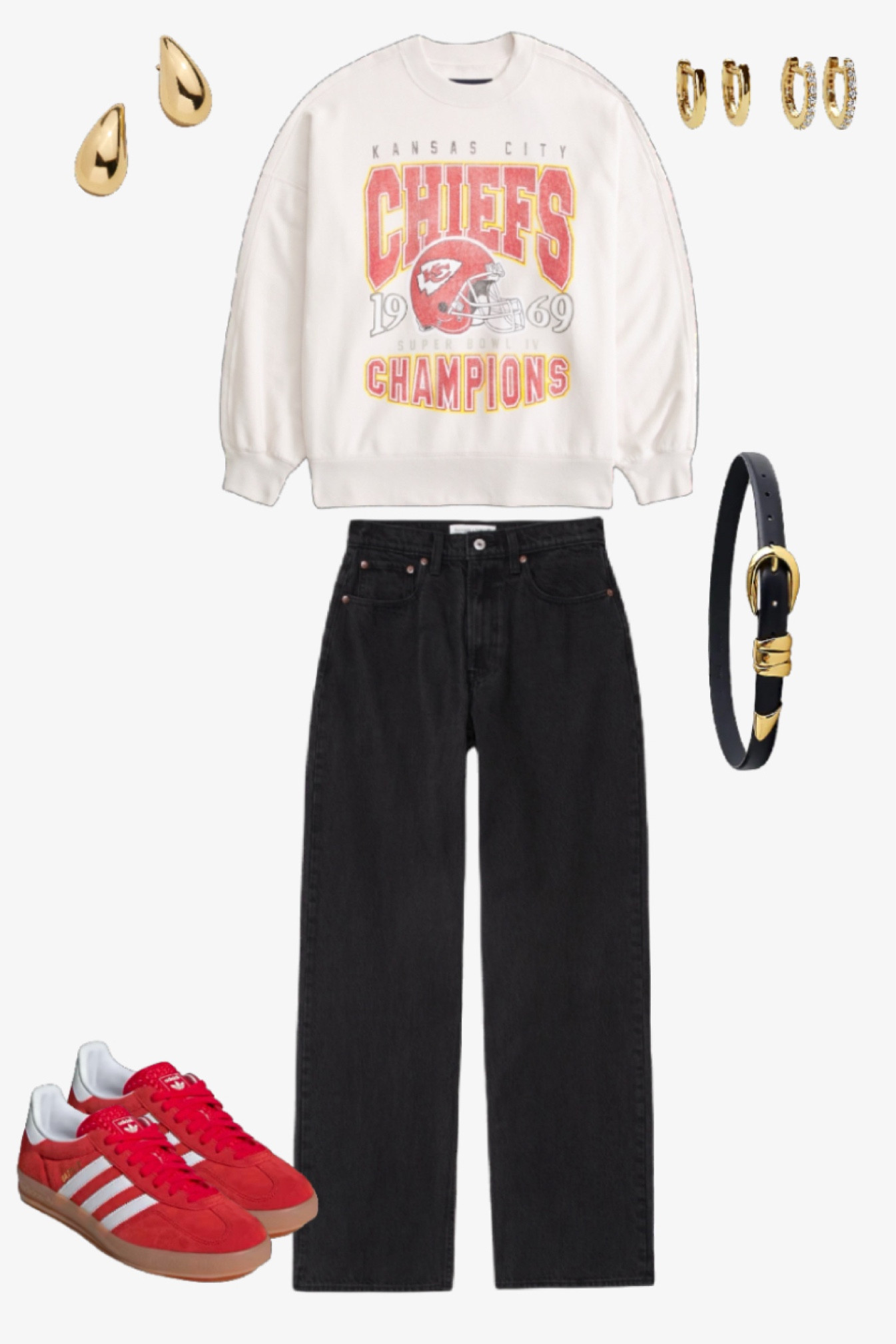 Perfect game day outfit! Love this A&F Chiefs sweatshirt paired with some slouchy high-rise denim! Top it off with a chic chunky belt, some gold accessories, and of course my red adidas gazelles! 

#LTKShoeCrush #LTKStyleTip #LTKFindsUnder100