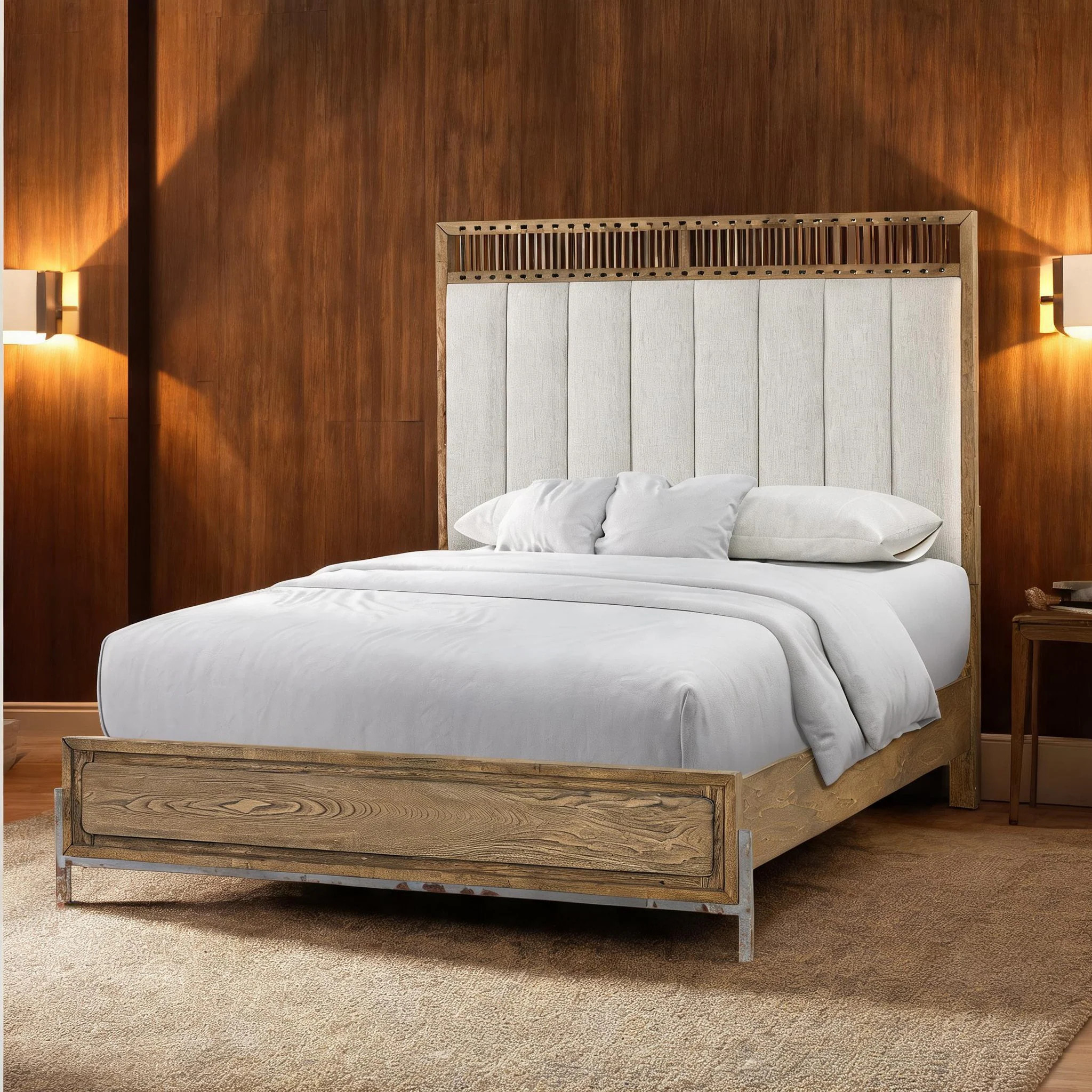 SunJet King Upholstered Panel Bed with Faux Leather Strapping and Brown Finish one_size | F0MXMCZQ0GVY | Lowe's