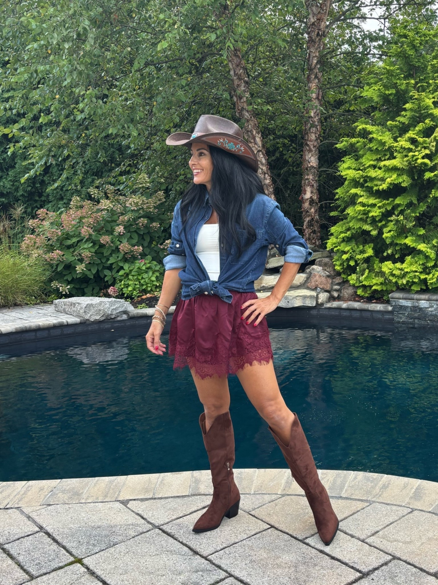 Country concert look
Lace skirt with built in shorts 
Denim button down 
Cowgirl hat

#LTKootd #LTKSeasonal #LTKOver40