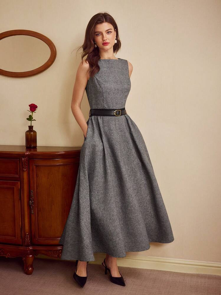 Vintamour Vintage Elegant Women's Charcoal Gray Sheath Dress,Fitted Boat Neck Sleeveless With Pockets,Belt & Flared Hem,70s Autumn Wedding Guest Party Clothes | SHEIN