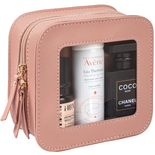 Mini Clear Makeup Bag Travel Cosmetic Case Transparent Toiletry Bag with Zipper, Portable Make Up Organizer Traveling Compact Pink Car Essentials for Girls(Pink, Mini) | Amazon (US)