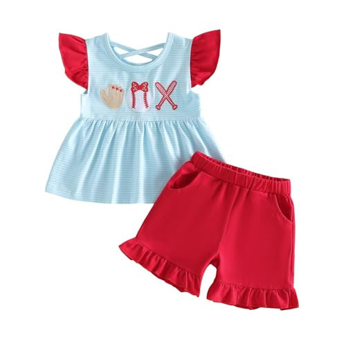 Saliuentm Toddler Baby Girl Baseball Outfit Striped Flying Sleeve Shirt Dress Tops and Solid Ruffle Shorts Set Girls Summer Clothes (A-Blue Red,18-24 Months) | Amazon (US)