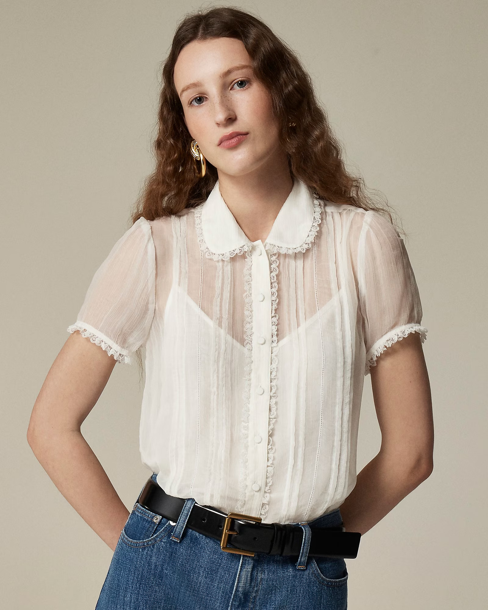 Sheer lace-trim button-up shirt | J. Crew US