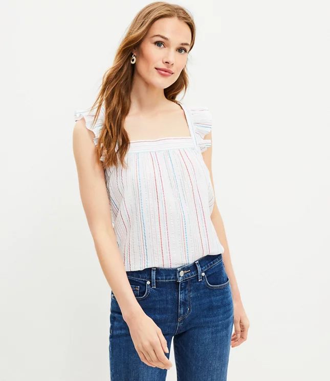 Shimmer Striped Ruffle Square Neck Top | LOFT