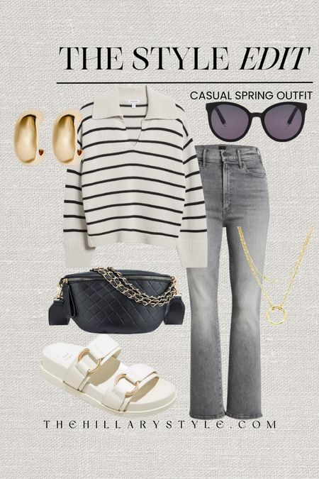 The Style Edit: Casual Spring Outfit. Striped polo sweater, gray denim, platform sandal, quilted cross body belt bag, sunglasses, gold layered necklace, puffy gold hoops. Casual outfit, spring outfit, sweater outfit, mom outfit. Nordstrom, Target, Amazon, Mother Denim, Panacea.

#LTKSeasonal #LTKstyletip #LTKover40