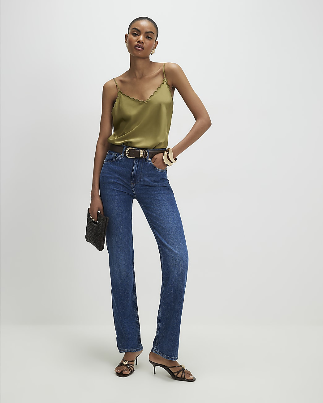 Khaki Satin Scallop Trim Cami Top | River Island UK & IE