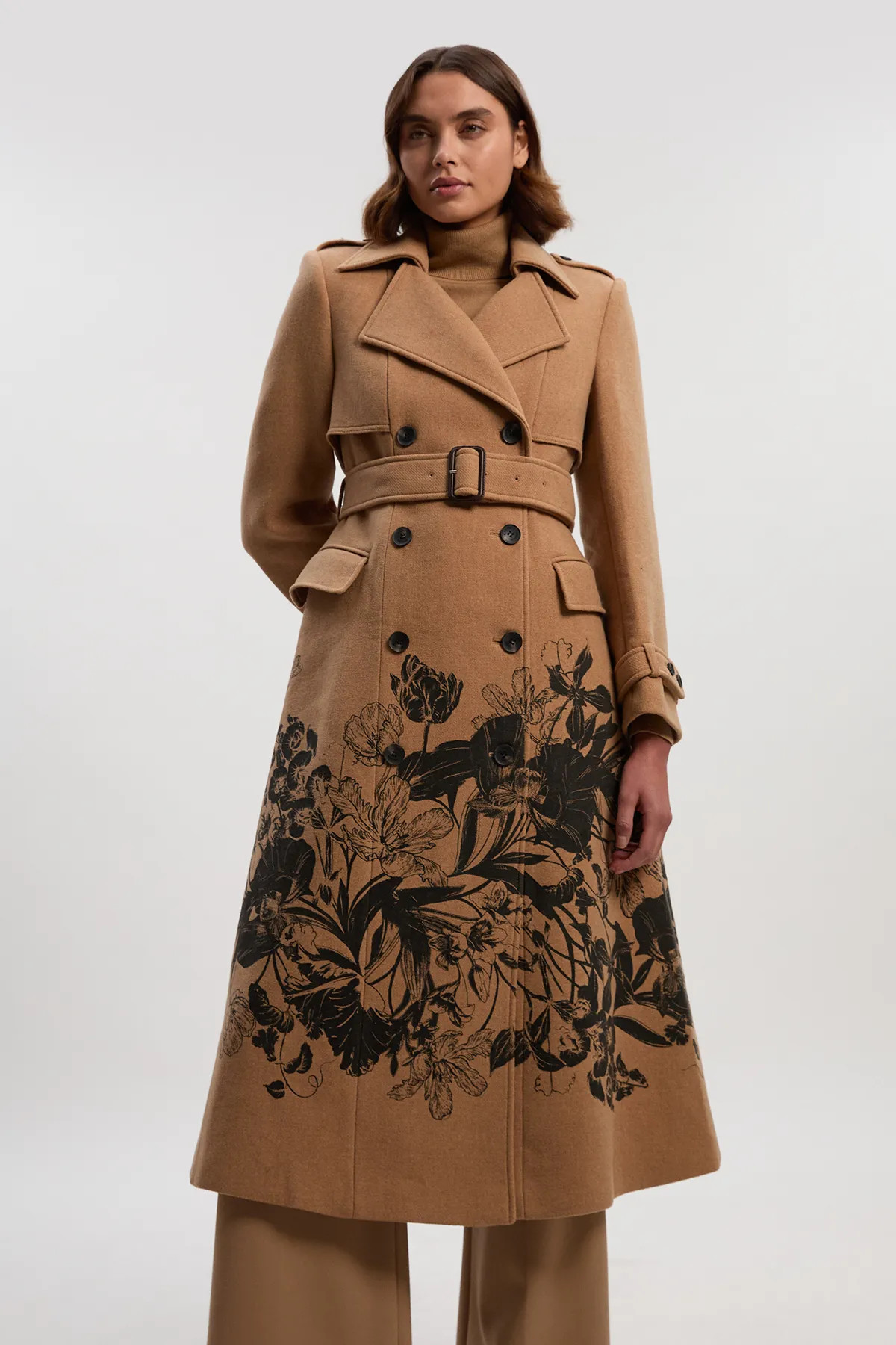 Wool Placement Print Tailored Double Breasted Belted Midi Coat | Karen Millen