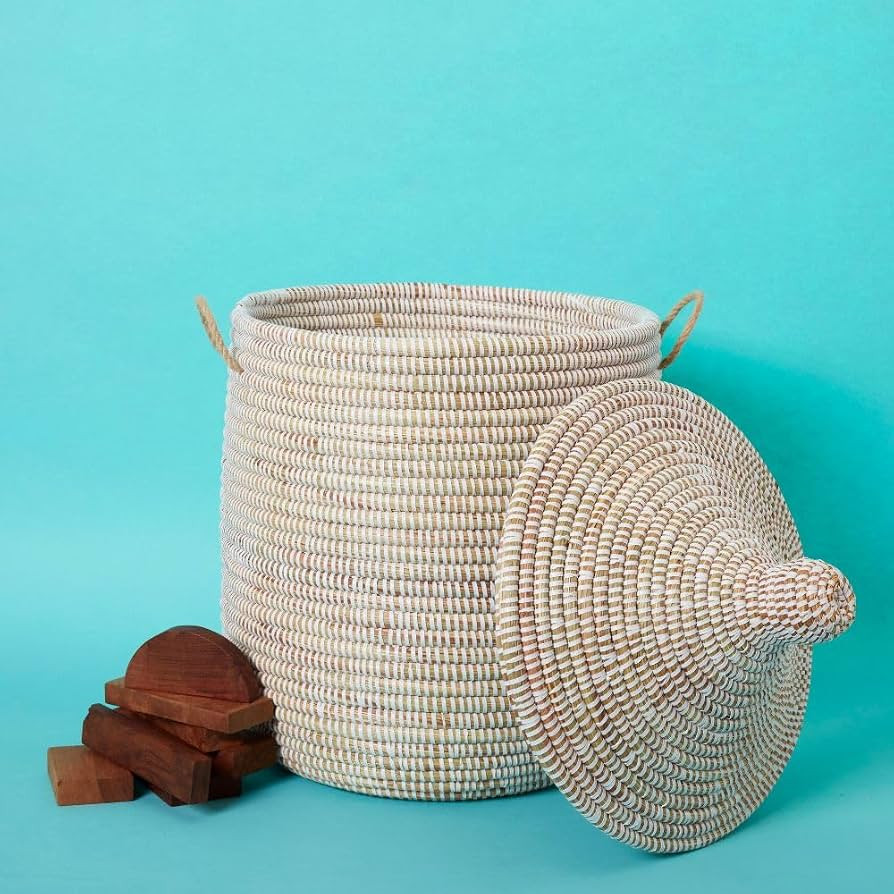 White Basket with Lid for Small Storage, 12" Wide, 14" Tall | Amazon (US)