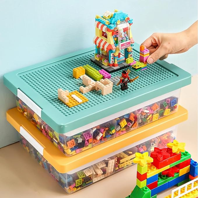 Toys Storage Organizer Box for Lego, Toy Storage Box with Building Plate Lid and Removable Tray, ... | Amazon (US)
