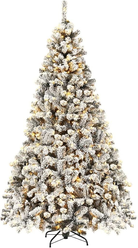 Goplus 7.5ft Pre-Lit Artificial Christmas Tree, Premium PVC Snow Flocked Hinged Pine Tree with Me... | Amazon (US)