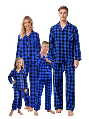 QZH.DUAO Christmas Family Pajamas For Womens, 2-Piece Button Down Sleepwear Plaid Flannel Pjs Set For Family, Black Blue, US L | Amazon (US)