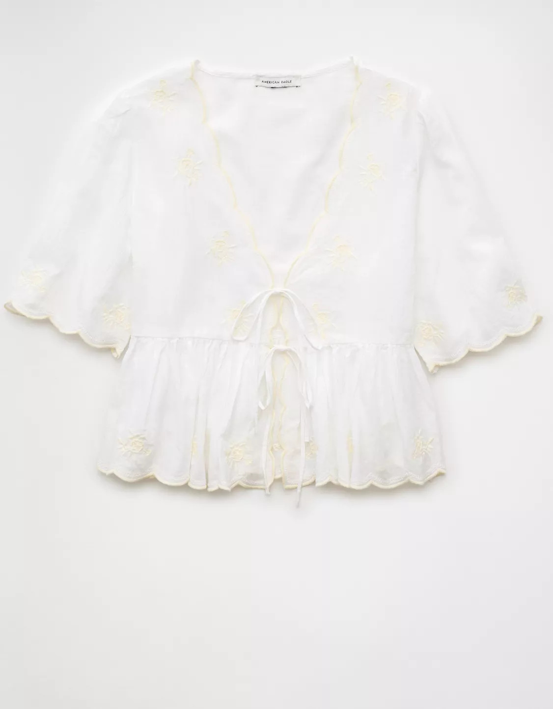 AE Embroidered Tie Front V-Neck Blouse | American Eagle Outfitters (US & CA)