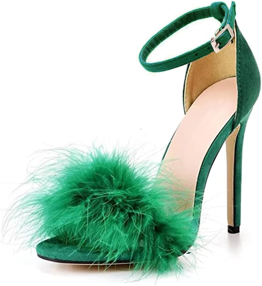 MMJULY Women's Open Toe Ankle Strap Fluffy Feather Stiletto High Heel Dress Sandal | Amazon (US)